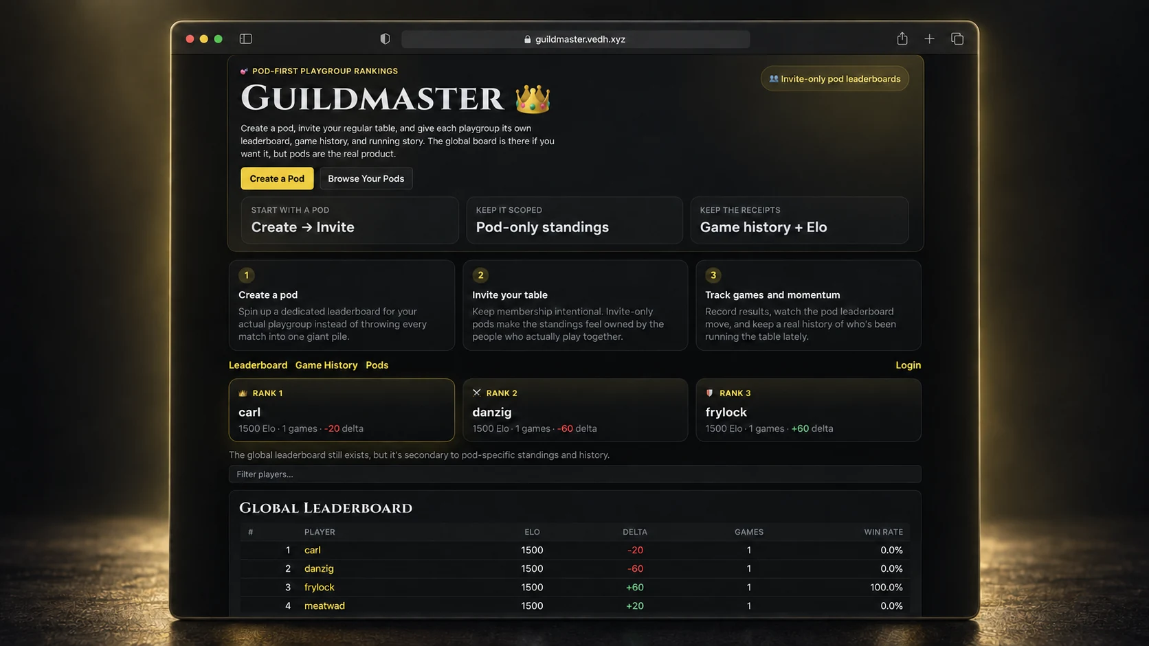 Guildmaster web dashboard showing pod-first rankings, game history, and Elo standings